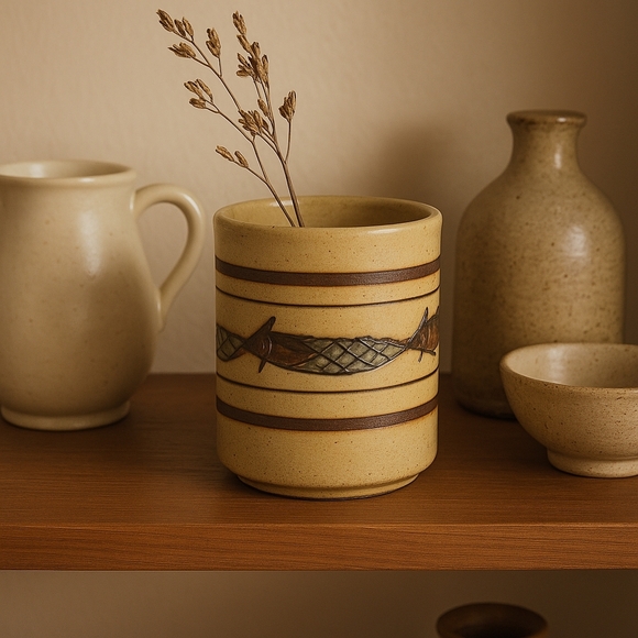 Vintage WONY Ltd Japan Stoneware Vase – 5″ Fish-Band Motif | Mid-Century Japandi - Picture 11 of 11